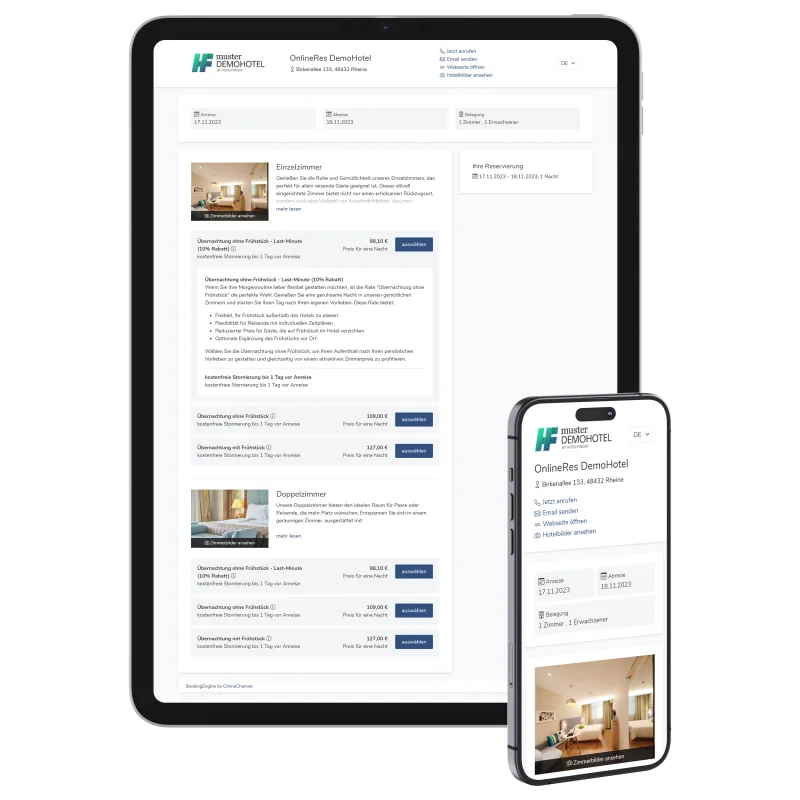 Buchungsmaschine OnlineRes Ansicht auf mobilen Geräten - Hotelfinder Demo Hotel